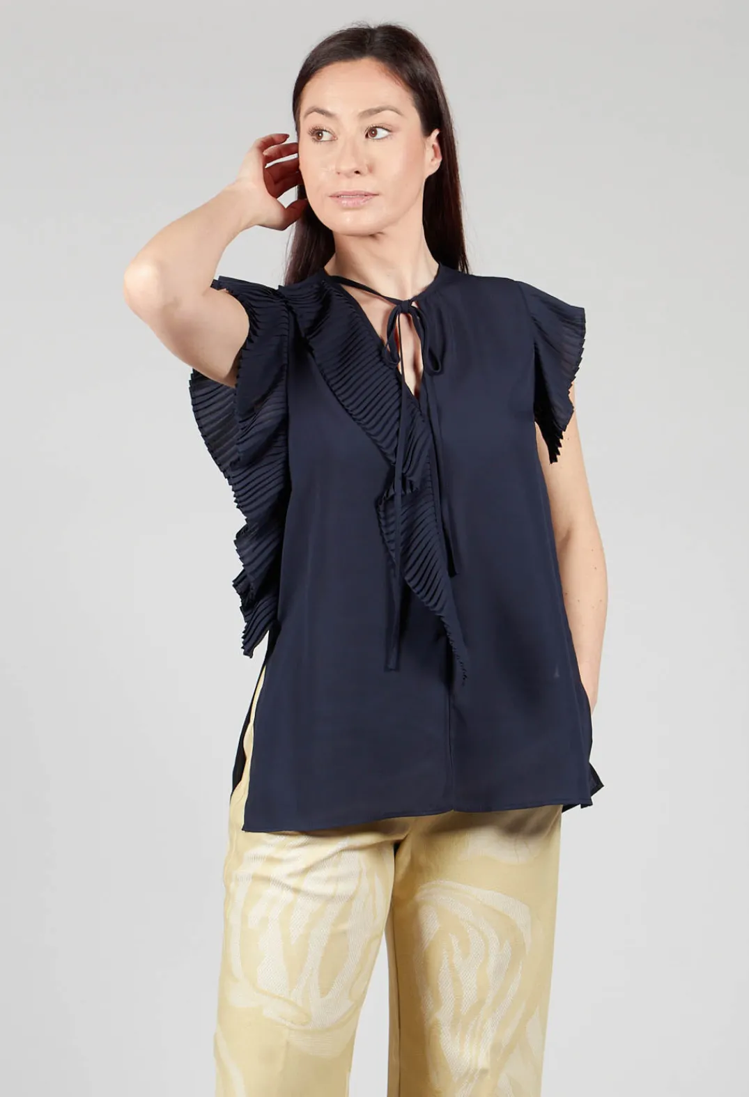 Beatrice B Tops^Top with Pleated Ruffles in Dark Blue