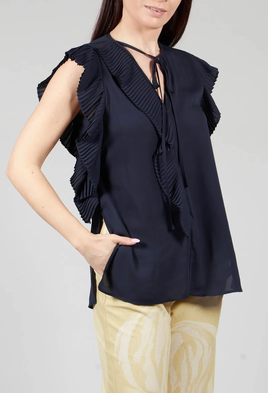 Beatrice B Tops^Top with Pleated Ruffles in Dark Blue