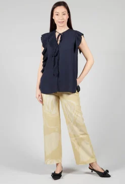 Beatrice B Tops^Top with Pleated Ruffles in Dark Blue