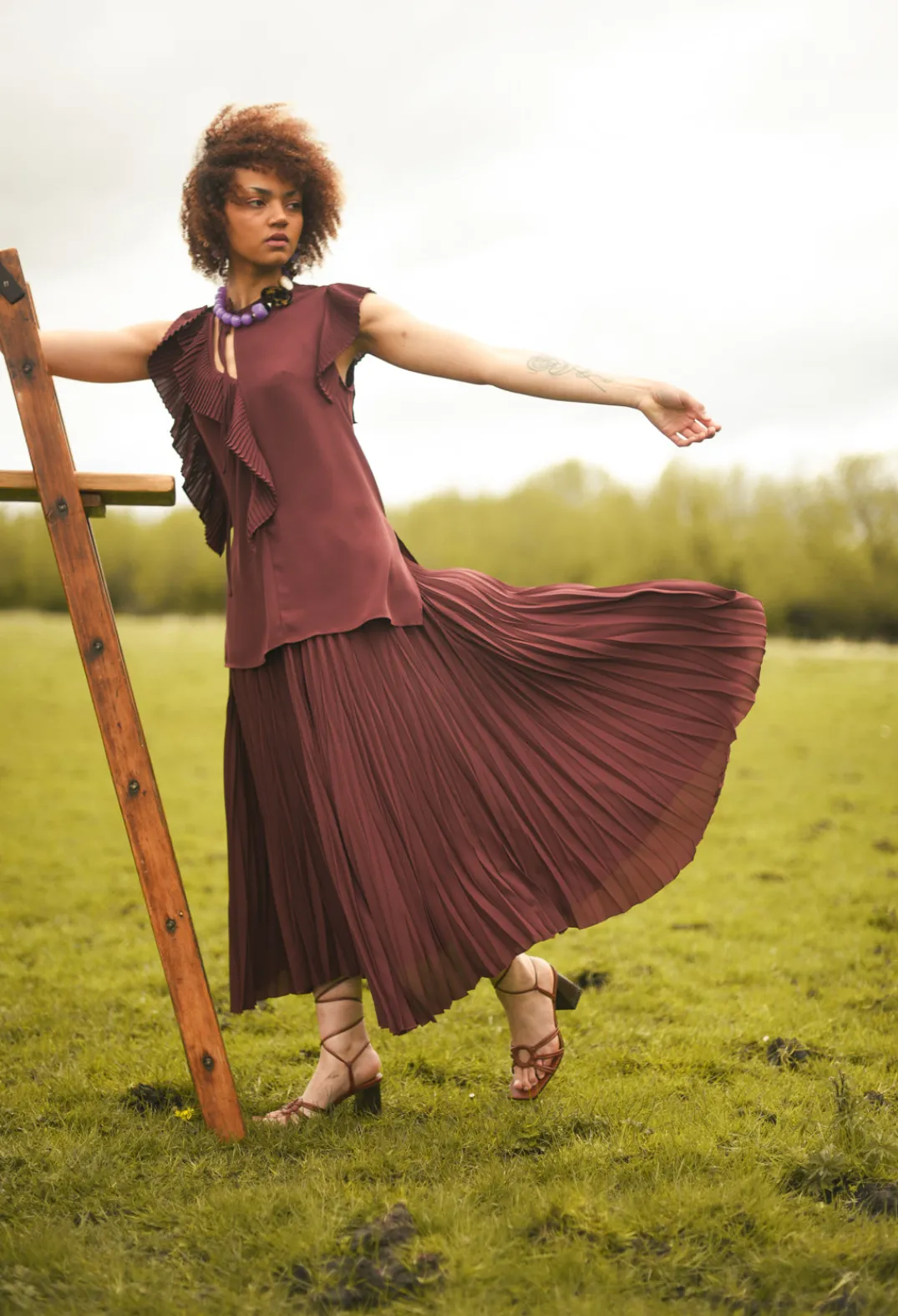 Beatrice B Tops^Top with Pleated Ruffles in Cocoa