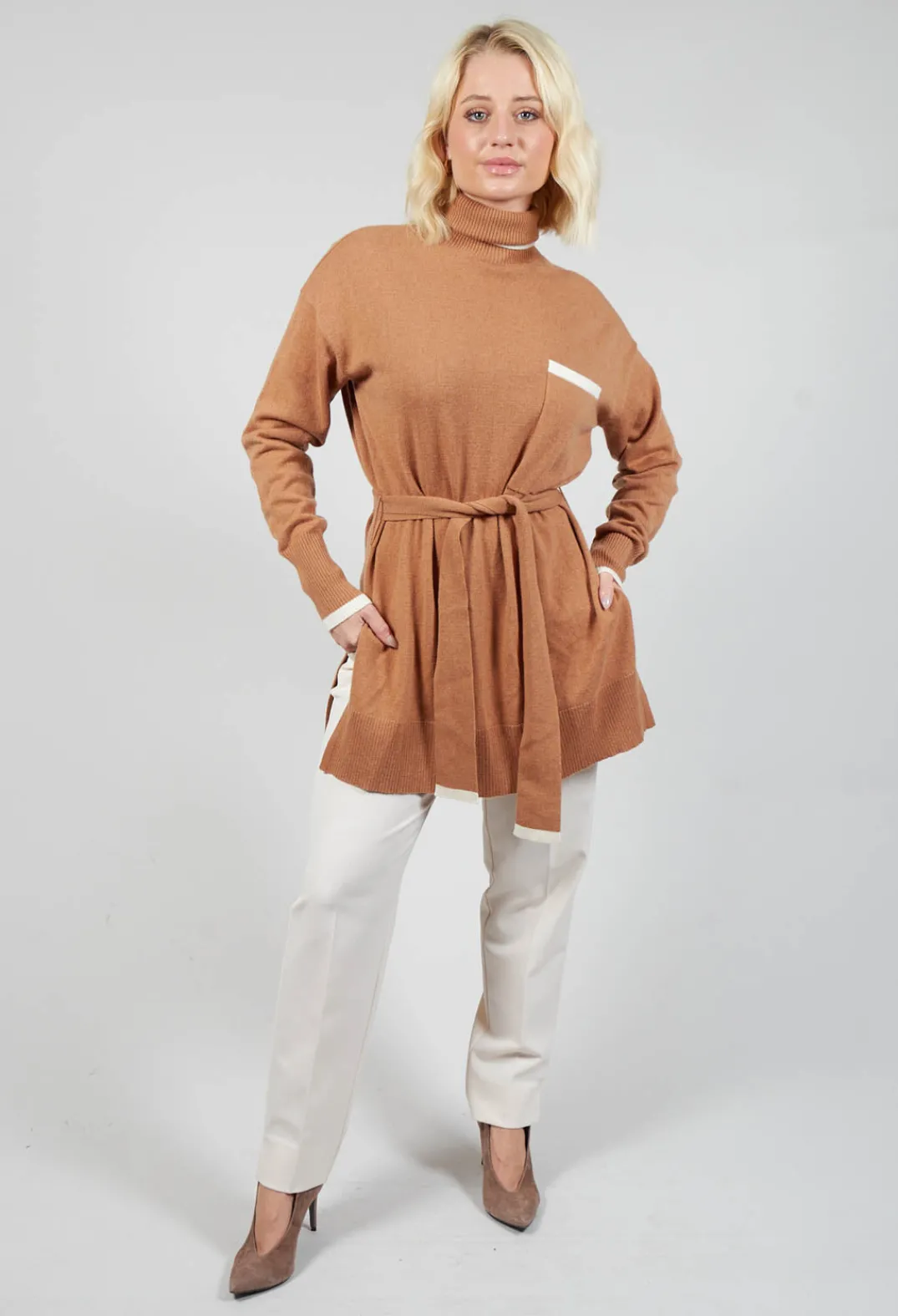 Beatrice B Knitwear^Turtleneck Belted Jumper in Ginger