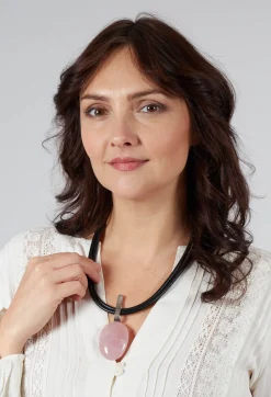 Darkgem Necklaces^Two Leather Necklace with Oval Rose Quartz Pendant in Black