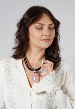 Darkgem Necklaces^Two Leather Necklace with Oval Rose Quartz Pendant in Black