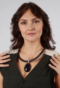 Darkgem Necklaces^Two Leather Necklace with Oval Obsidian Pendant in Black
