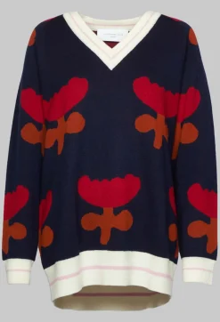 Collectors Club Jumpers^V Neck Pull with Tulip Pattern in Red and Navy