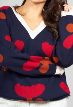 Collectors Club Jumpers^V Neck Pull with Tulip Pattern in Red and Navy