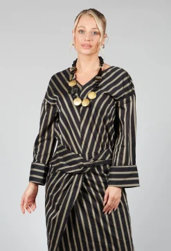 Malloni Co-ords & Suits^V Neck Striped Cross Over Top in Singapura Nero
