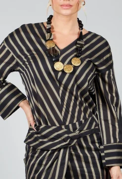 Malloni Co-ords & Suits^V Neck Striped Cross Over Top in Singapura Nero