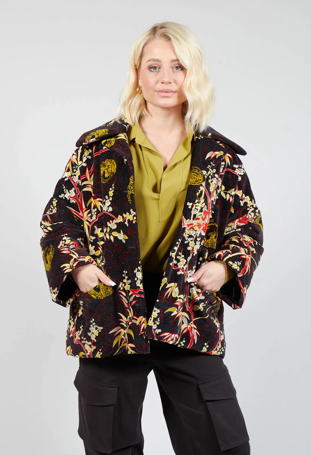 Beatrice B Coats^Velvet Short Coat in Black Print
