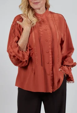 Sfizio Shirts & Blouses^Washed Silk Blend Shirt with Lace in Caramel