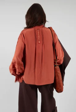 Sfizio Shirts & Blouses^Washed Silk Blend Shirt with Lace in Caramel