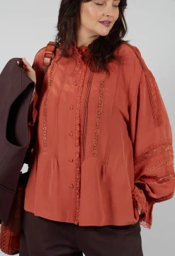 Sfizio Shirts & Blouses^Washed Silk Blend Shirt with Lace in Caramel