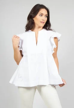 Beatrice B Shirts & Blouses^White V Neck Shirt with Flounce Sleeves