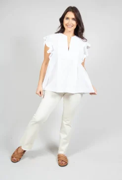 Beatrice B Shirts & Blouses^White V Neck Shirt with Flounce Sleeves