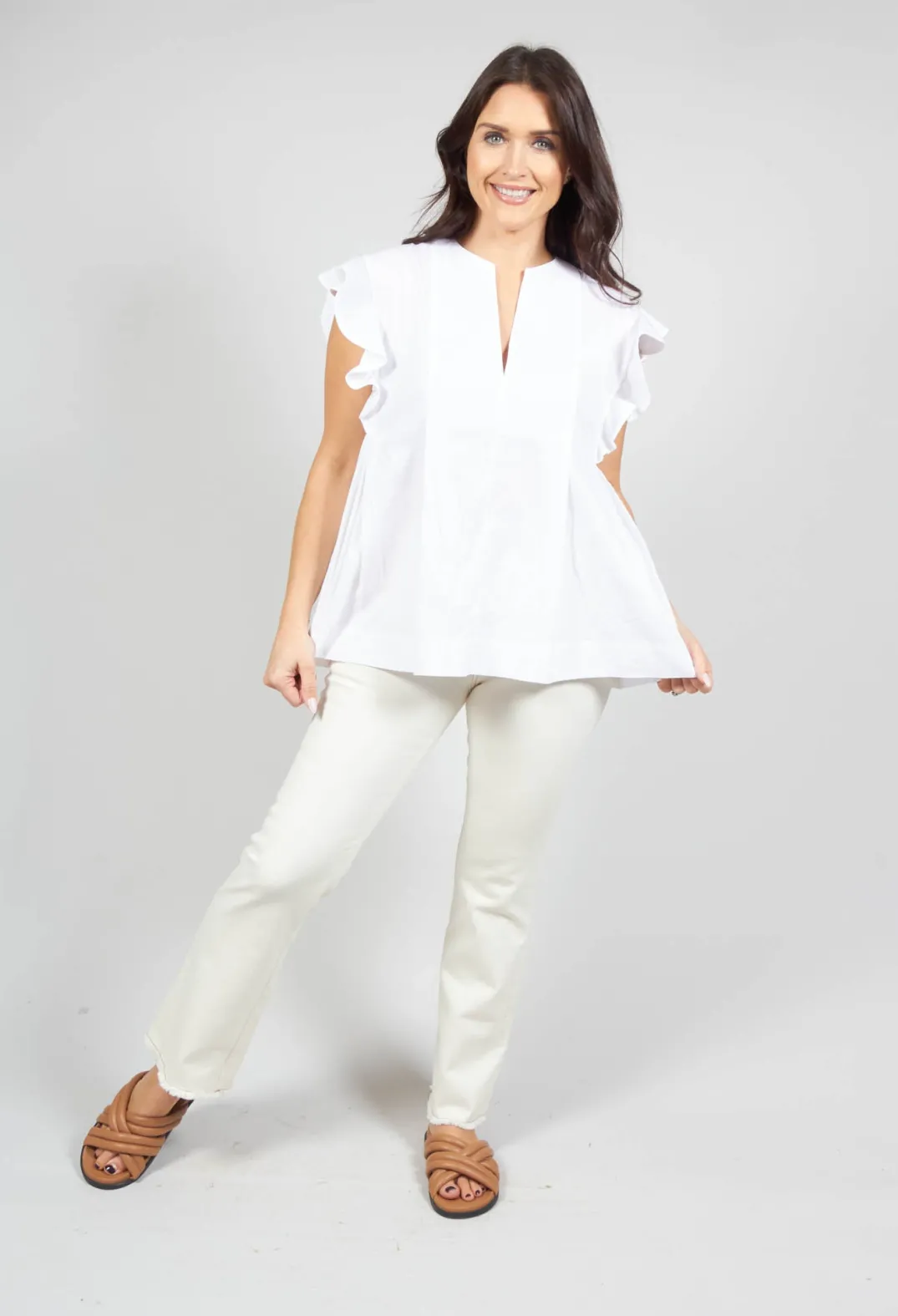 Beatrice B Shirts & Blouses^White V Neck Shirt with Flounce Sleeves