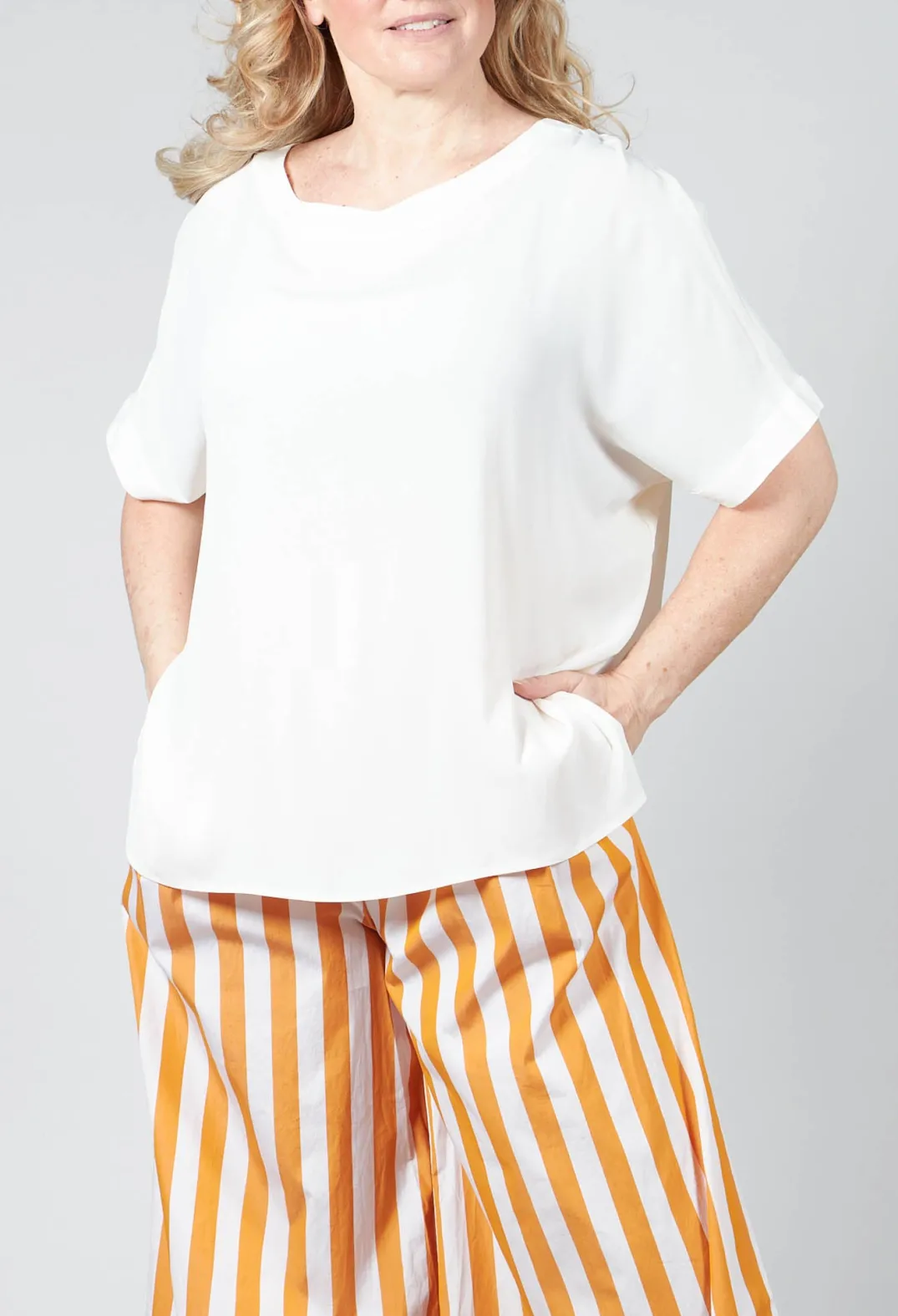Beatrice B Shirts & Blouses^Wide Neck Short Sleeve Silk Blouse in Cream