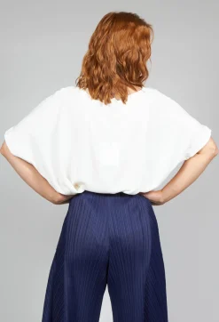 Beatrice B Shirts & Blouses^Wide Neck Short Sleeve Silk Blouse in Cream