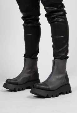 Lofina Boots^Zip Front Ankle Boots with Cleated Sole in Gasoline Fumo