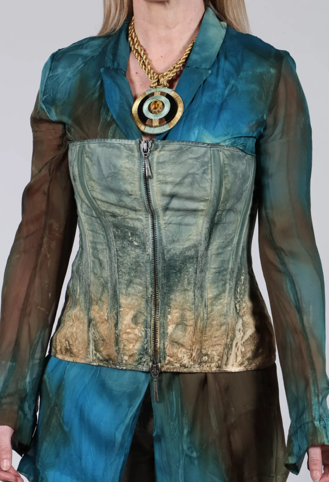 Masnada Tops^Zipper Fastening Corset Top in Petrol and Tea