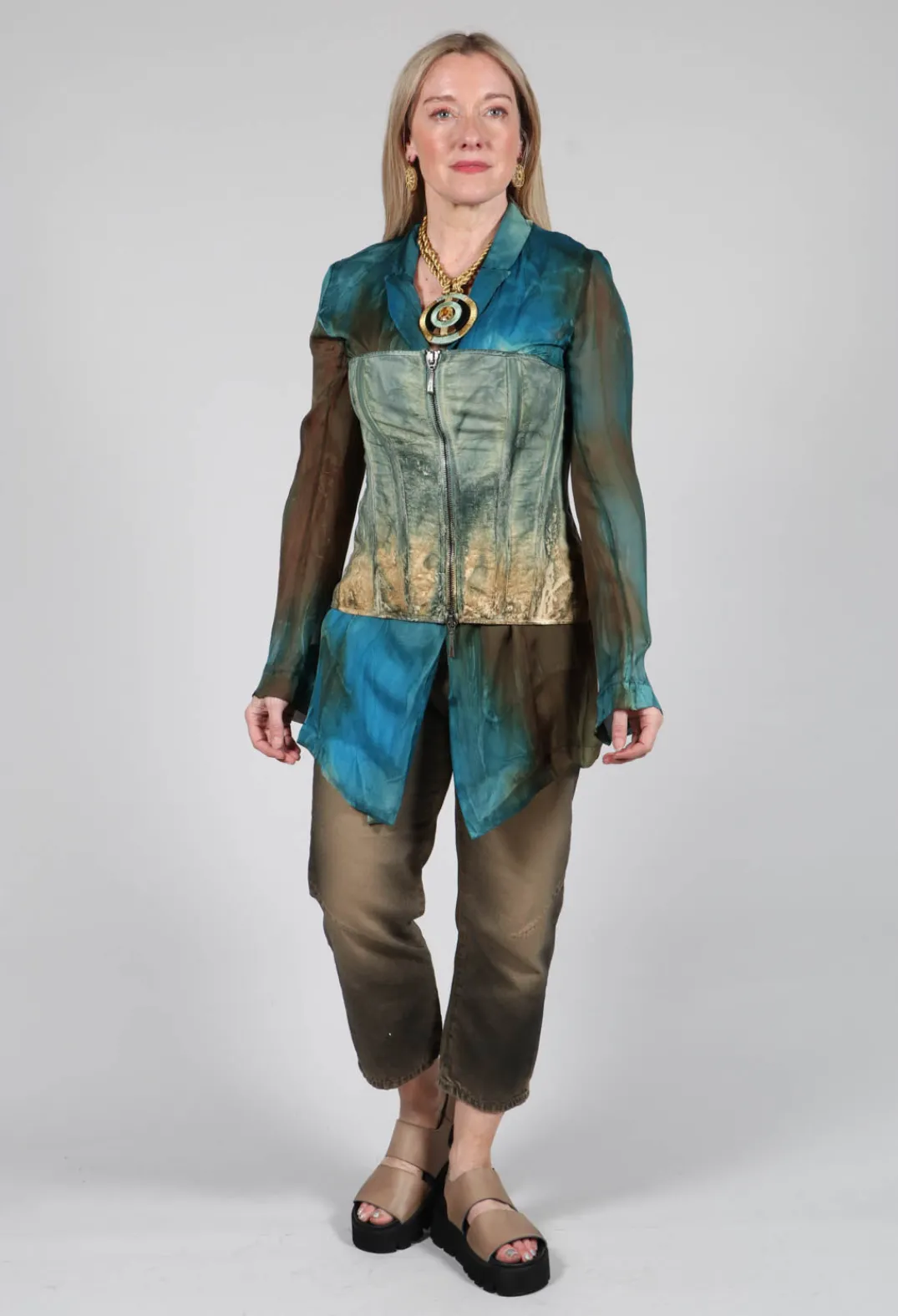 Masnada Tops^Zipper Fastening Corset Top in Petrol and Tea