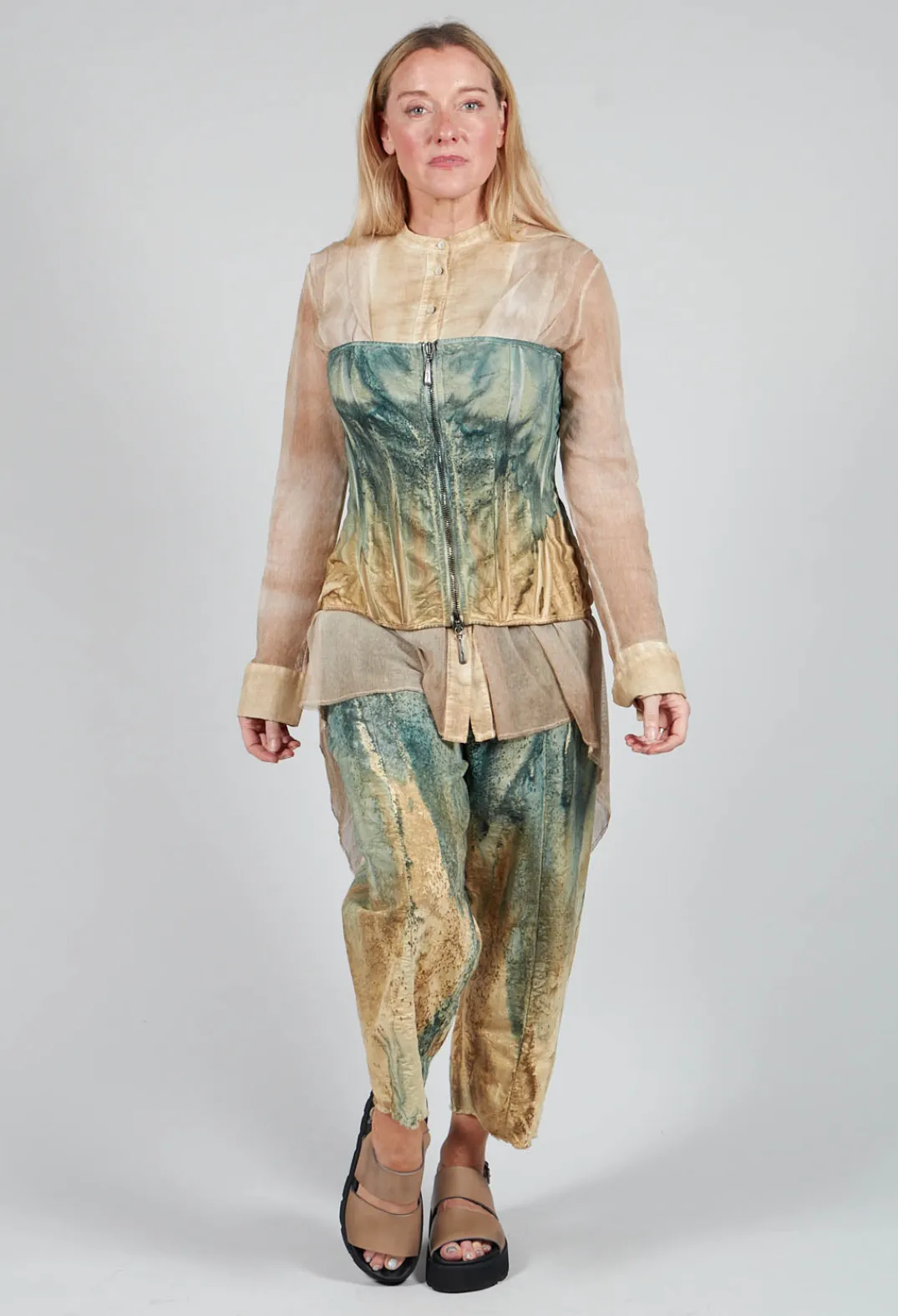 Masnada Tops^Zipper Fastening Corset Top in Petrol and Tea